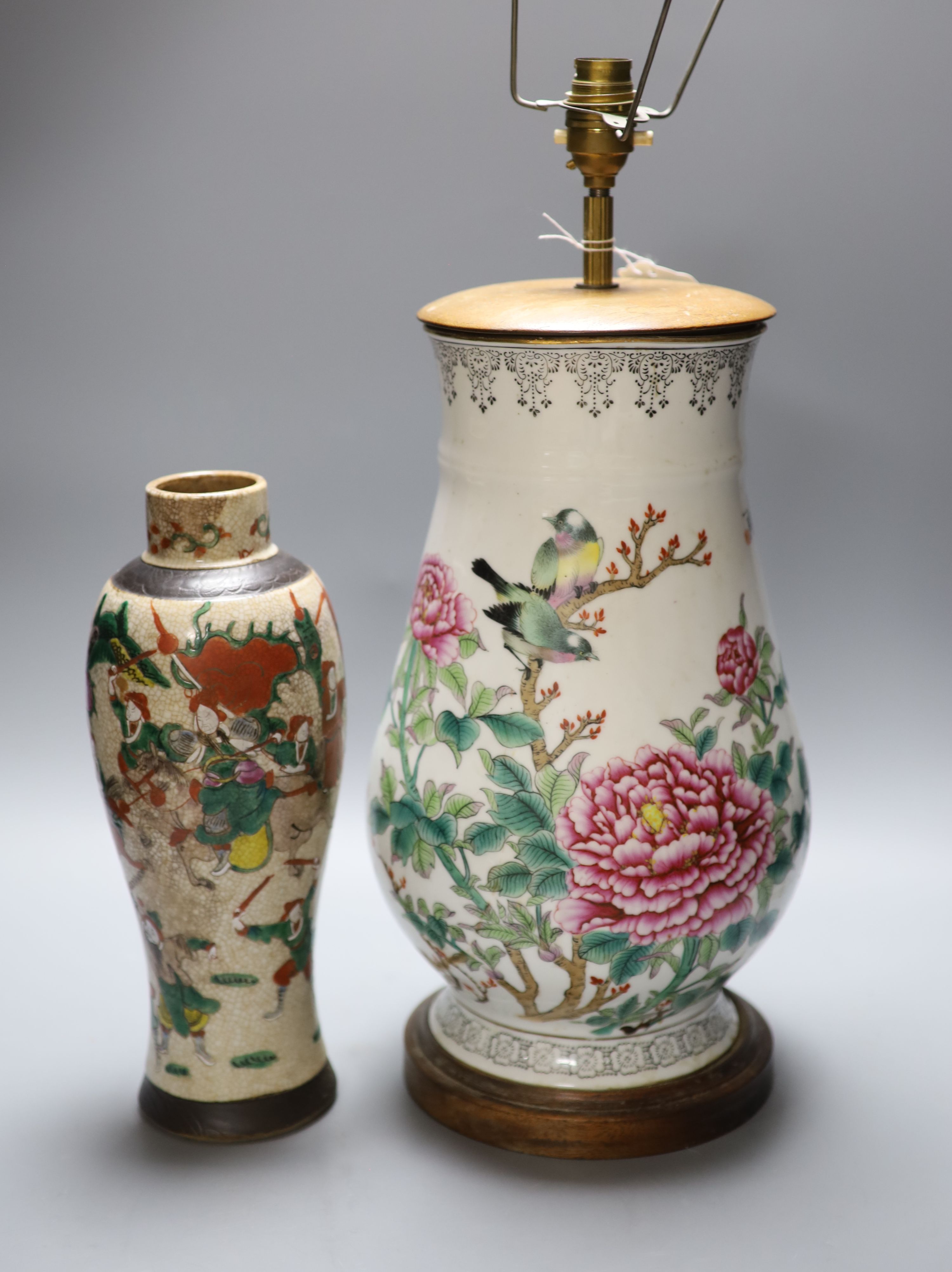 A Chinese crackleglaze vase and a famille rose lamp, height 36cm